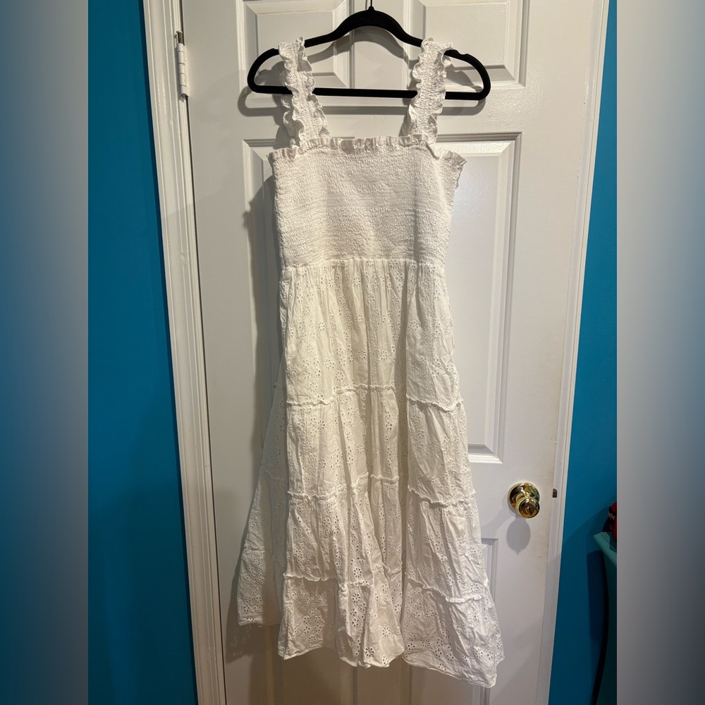 Quince Organic Cotton Eyelet Smocked Midi dress white L - Picture 4 of 8